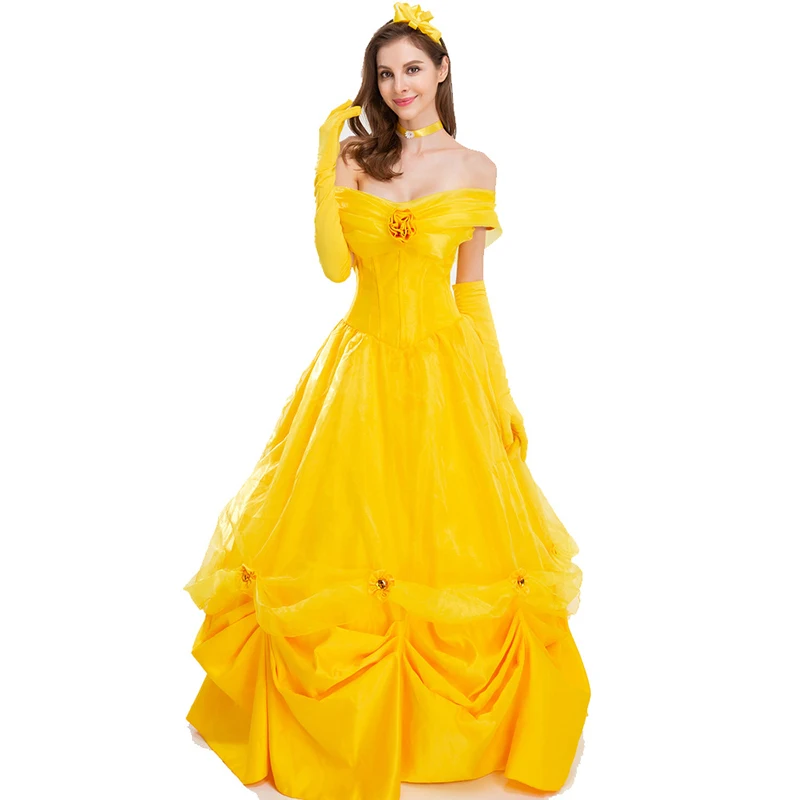 

Halloween Carnival Party Sexy Belle Queen Cosplay Costume Fairy Tale Beauty And The Beast Yellow Princess Fancy Dress