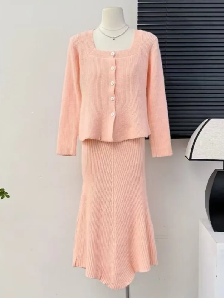 Модный элегантный вязаный костюм женский2024 осенне-зимний свитер с квадратным