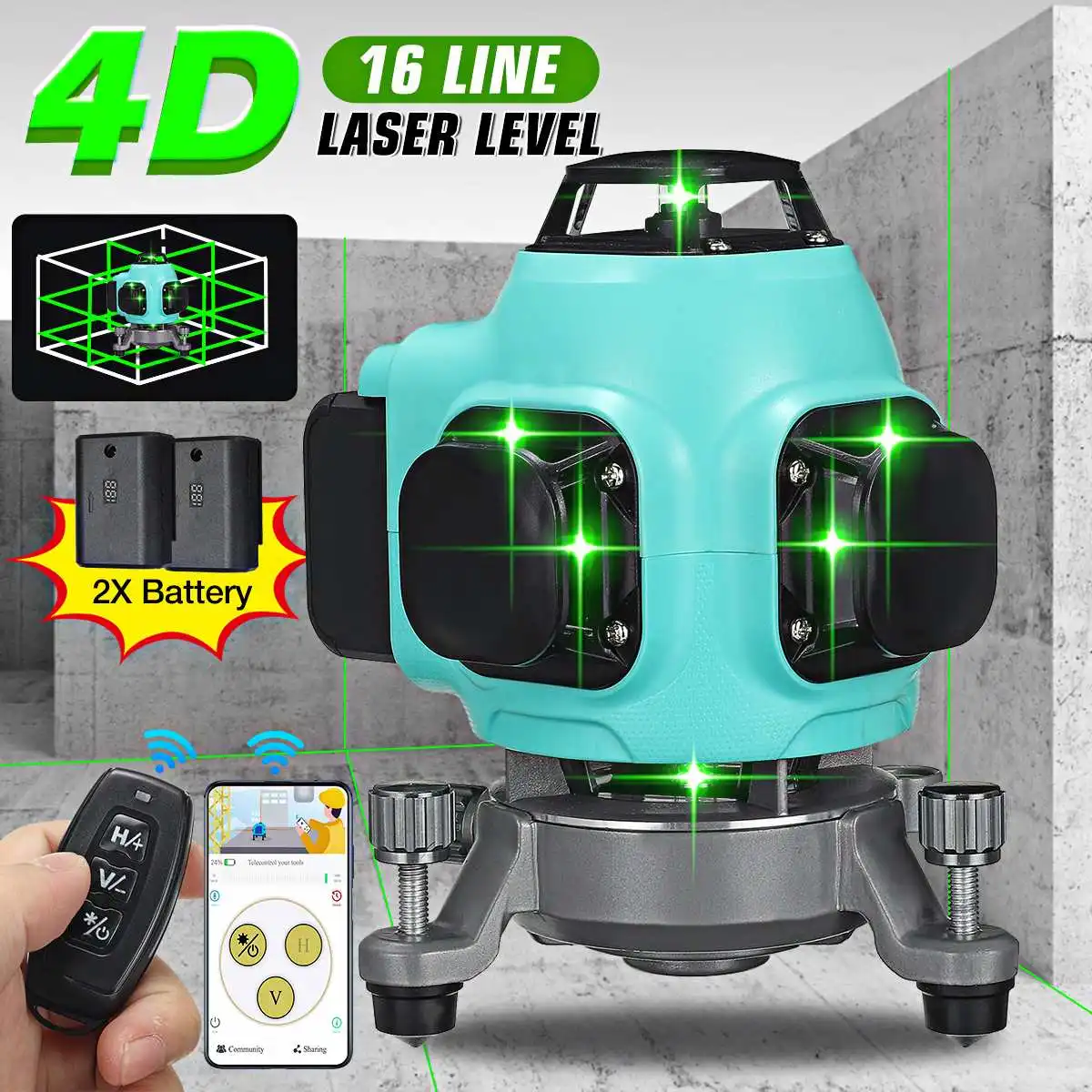 

Samrt 16 Lines 4D Laser Level Self-Leveling 360° Horizontal And Vertical Cross Super Powerful Green Laser Level With 2 Battery