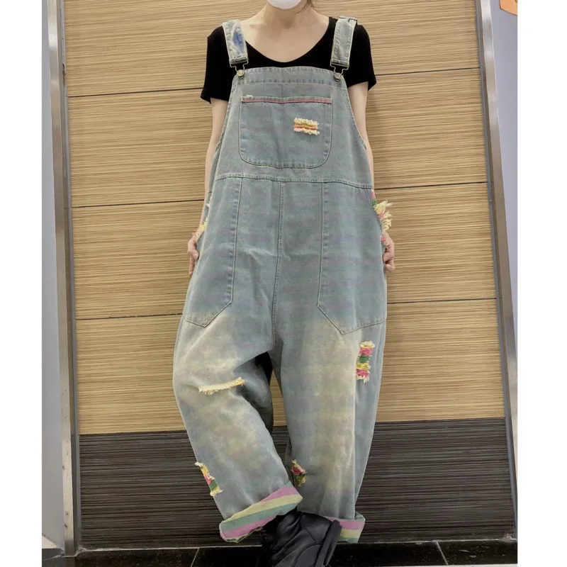 

Denim Jumpsuit Women Casual Baggy Big Pockets Ripped Hole Straps Sleeveless Jean Rompers Summer High Waist Wide Leg Overalls