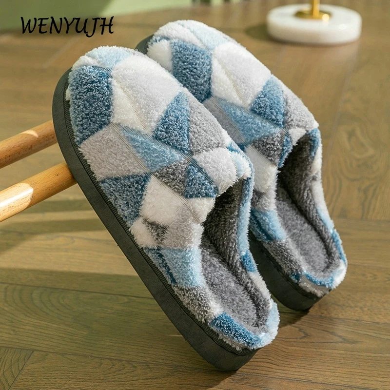

2023 зимние теплые хлопковые тапочки для женщин и мужчин, толстая мягкая подошва, нескользящая пушистая обувь для пар, домашние тапочки, повседневные клетчатые