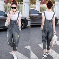 fashion denim overalls womens summer 2022 new korean version loose and thin holes small feet nine points mother jeans