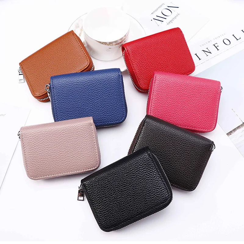 

First Layer Cowhide Organ Card Case RFID Anti-theft Lady Card Holder Men Card Case Multifunctional Zipper Small Wallet