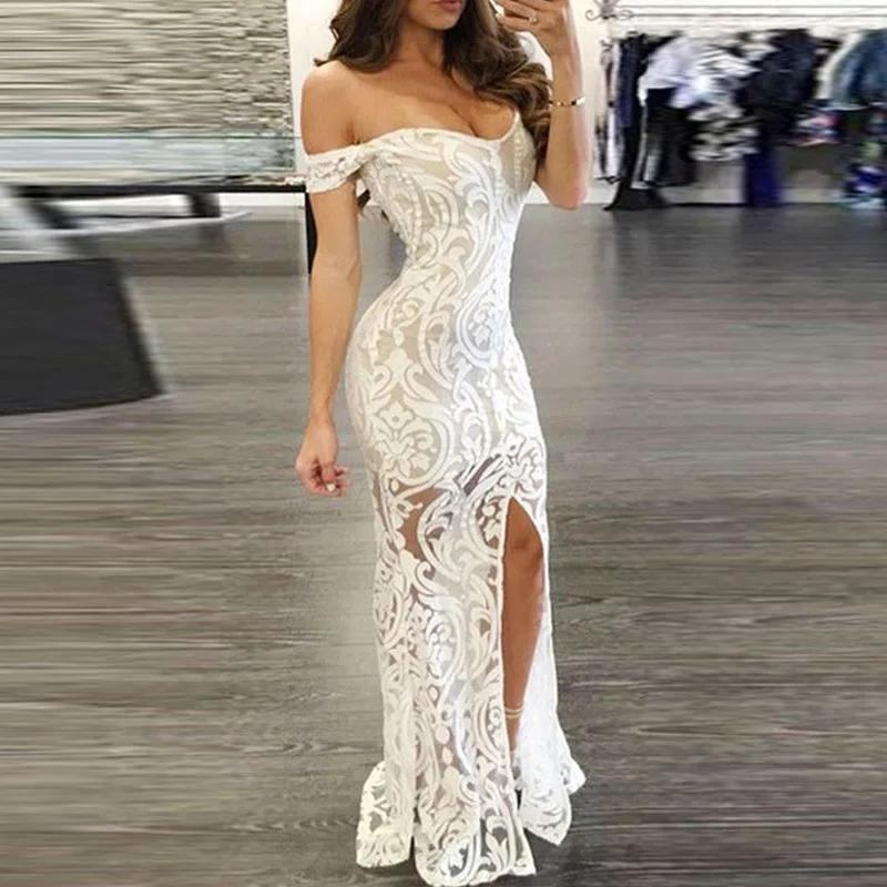 

Off Shoulder White Long Lace Dress Slit Maxi Floor Length Celebrate Party Occassion Event Club Evening Gowns for Women Fashion