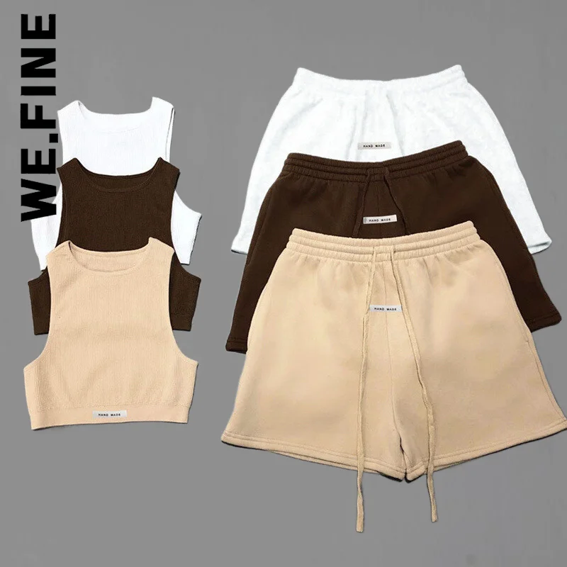 

We.Fine New Women Set Vintage Short Pants Chic Womens Ribbed Skinny Tank Sporty Solid Letter Two Piece Set Simple Female Women