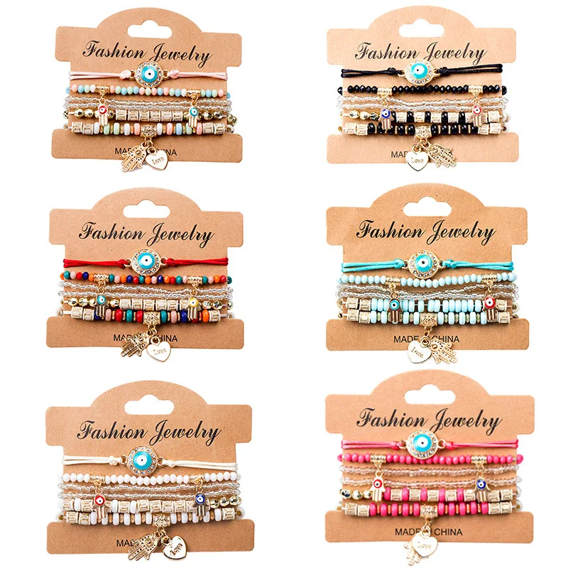 

Fashion Bohemian Multicolor Beaded Bracelet Set For Women Girls Handmade Ethnic Evil Eyes Charm Wrap Bracelet Jewelry Gifts