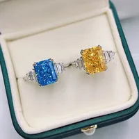Wedding Ring 925 Sterling Silver High Carbon 8x10mm Blue Yellow Created Diamond Four Prong Settings Ice Flower Cut Rings