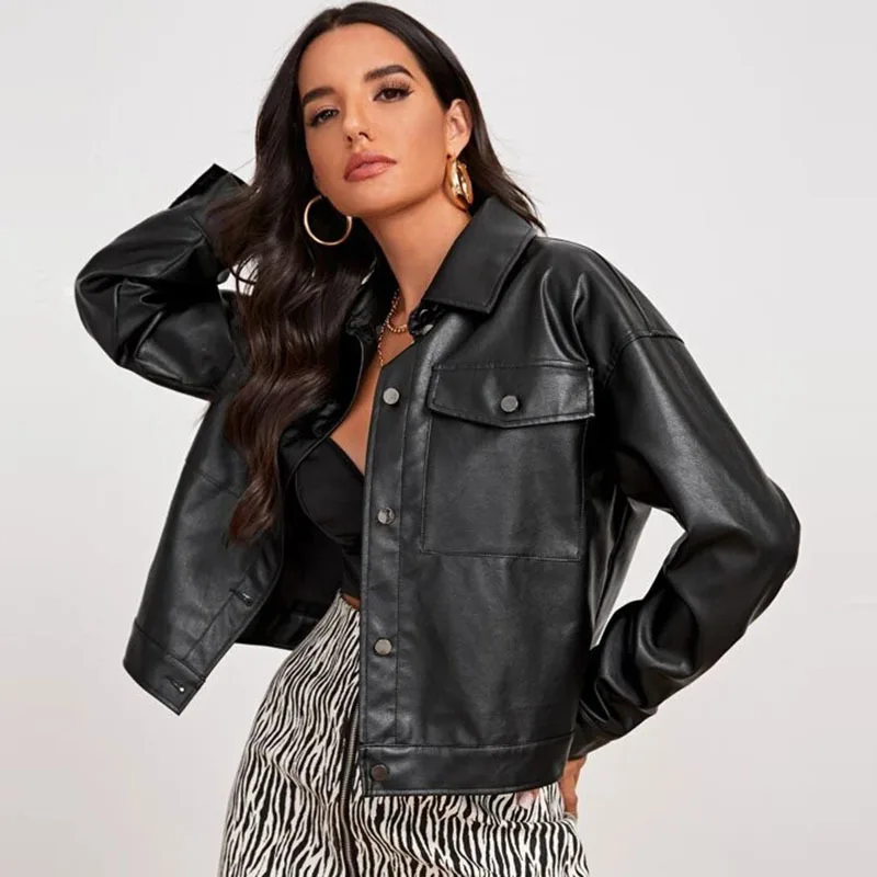 Street Style Fashion Motorcycle Clothing Leather Jacket 2023 Autumn Product Jacket Women Loose Lapel PU Leather Jacket Tide