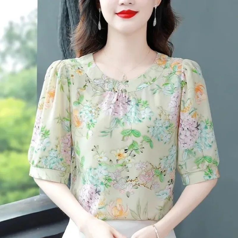 Блузка женская шифоновая с цветочным принтом модный Свободный пуловер круглым