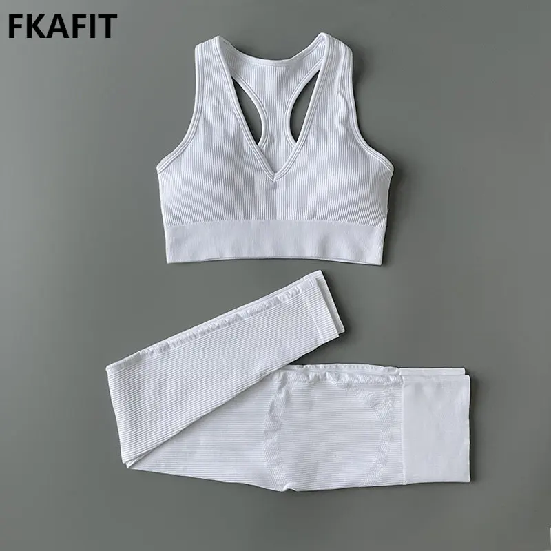 

Sportswear For Women Gym Clothing Deep V-neck Bra High Waist Leggings Seamless Knitted Yoga Set Workout Outfit 2Pieces Tracksuit