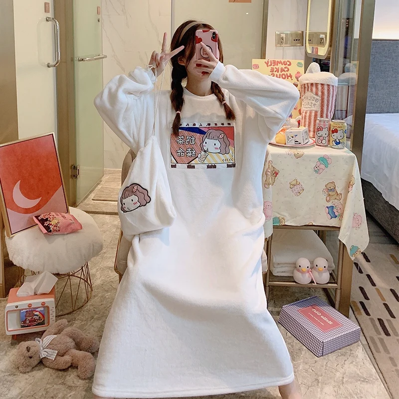 

Зима 2023, плотные теплые фланелевые ночные рубашки с длинным рукавом для женщин, Корейская Милая одежда для сна с героями мультфильмов, ночная рубашка, ночная рубашка, домашняя одежда