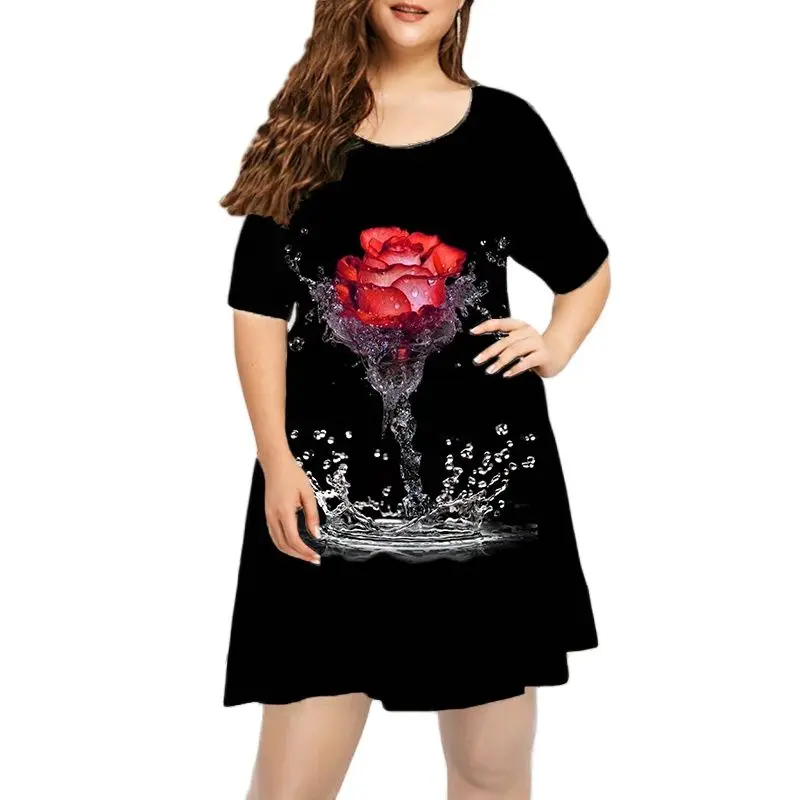 

Vintage Red Rose Print Mini Dress Summer Women Casual O-Neck Short Sleeve Tshirt Dresses 2022Elegant Ladies Beach Party SunDress