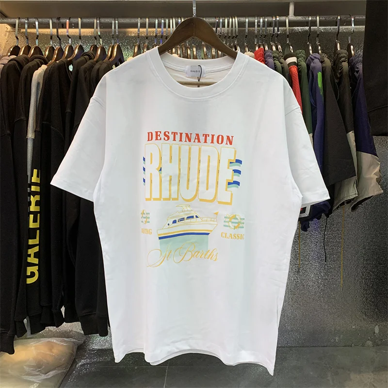 

Rhude Spring And Summer New Yacht Printed Cotton Loose Short-Sleeved T-Shirts Male And Female Students