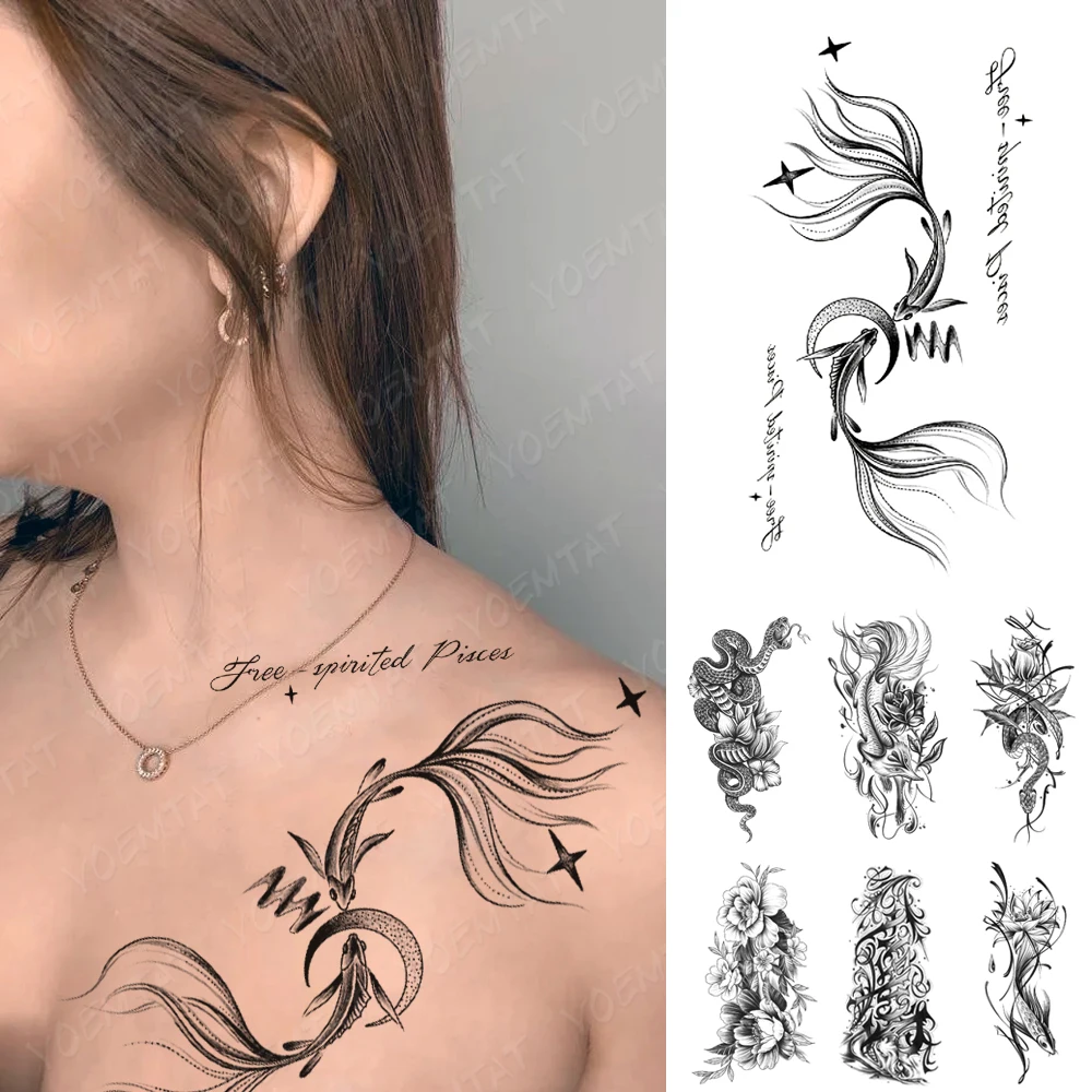 

Carp Goldfish Waterproof Temporary Tattoo Sticker Star Moon Couple Totem Text Word Body Art Arm Fake Tattoos Sleeve Women Men