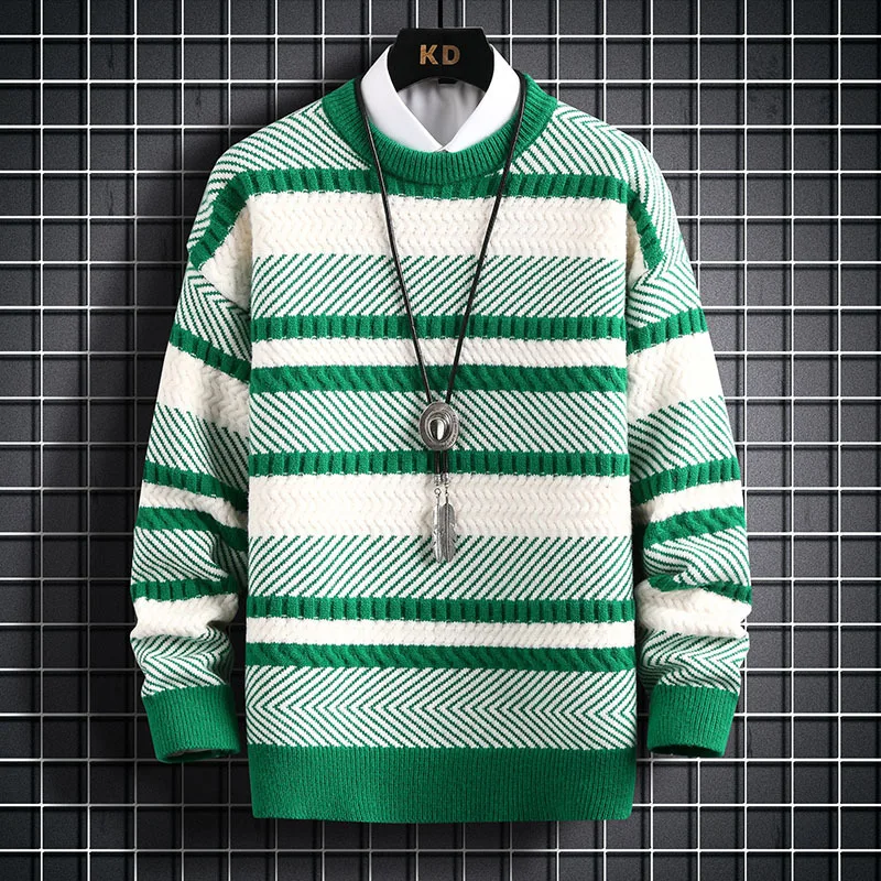 Men Clothing 2023 Stripe Thickened Warm Sweater/ High Quality Men's Autumn Winter Loose Slim Fit Casual Knitting Pullover