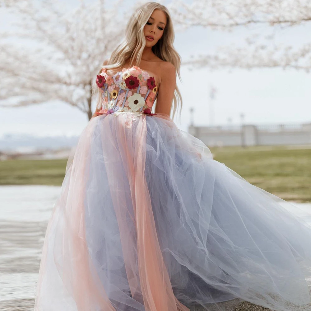 

Strapless Applique Blue & Pink Bicolor Tulle Dress Ruffled Tulle Ball Gown Layered Evening Dresses With Flowers Ever Pretty