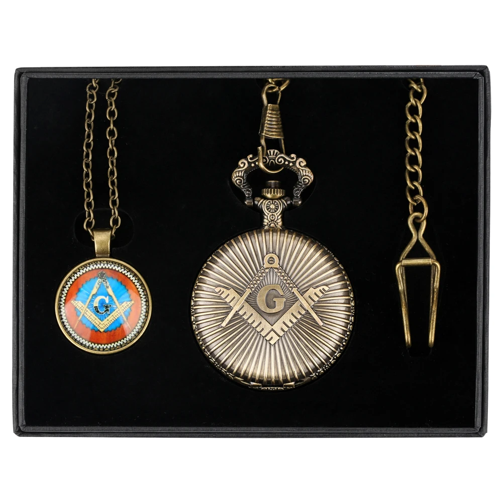 Quartz Pocket Watch Pendant Vintage Freemason Pocket Watch Necklace Analog Fob Clock Gift Box Sets for Men Rreloj De Bolsillo