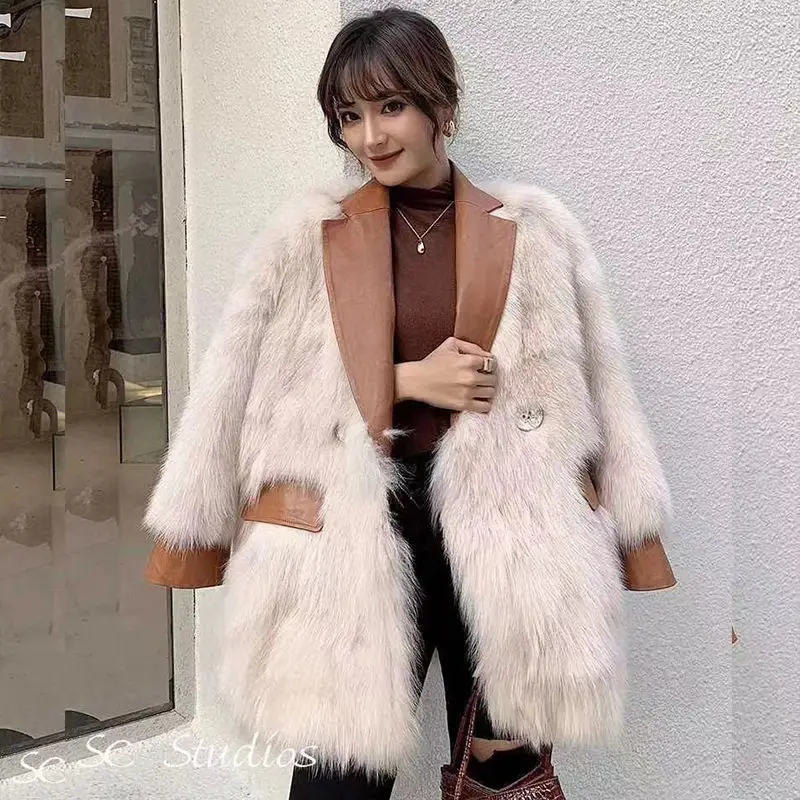 M GIRLS  New Winter Women Elegant Faux Fox Fur Coat Lady Casual Warm Leather Coats female Long Sleeve Outerwear