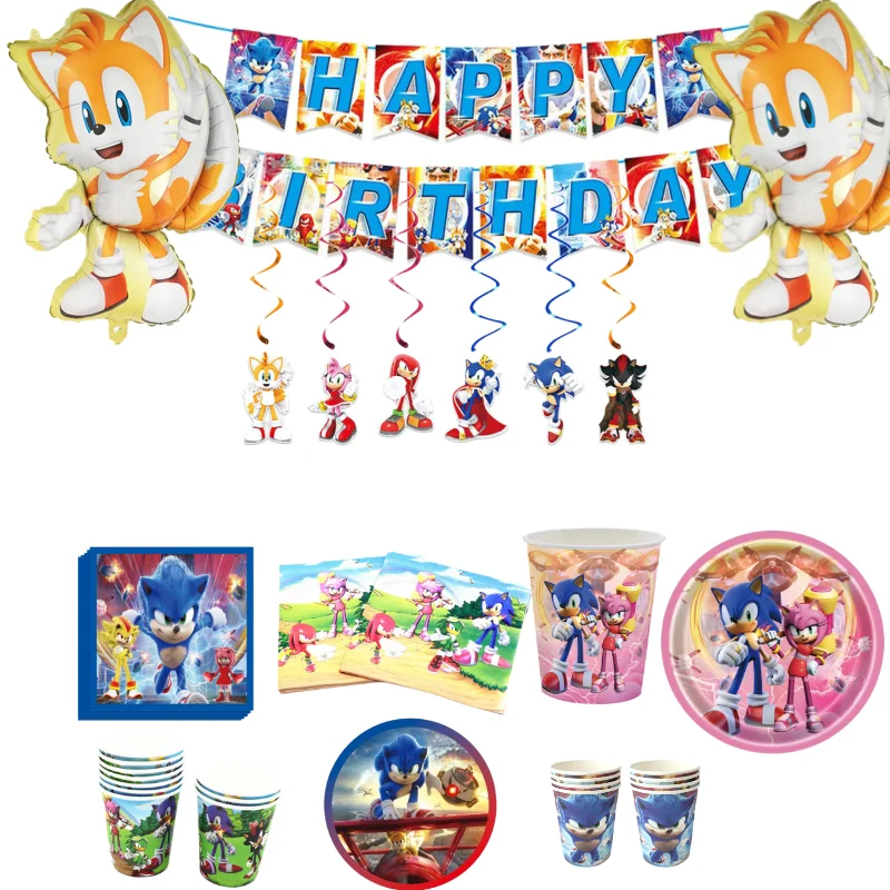 

Sonic Birthday Party Decorate Cartoon Balloons Children Toys Gifts Paper Disposable Napkin Cup Plate Back Drop Cake Topper