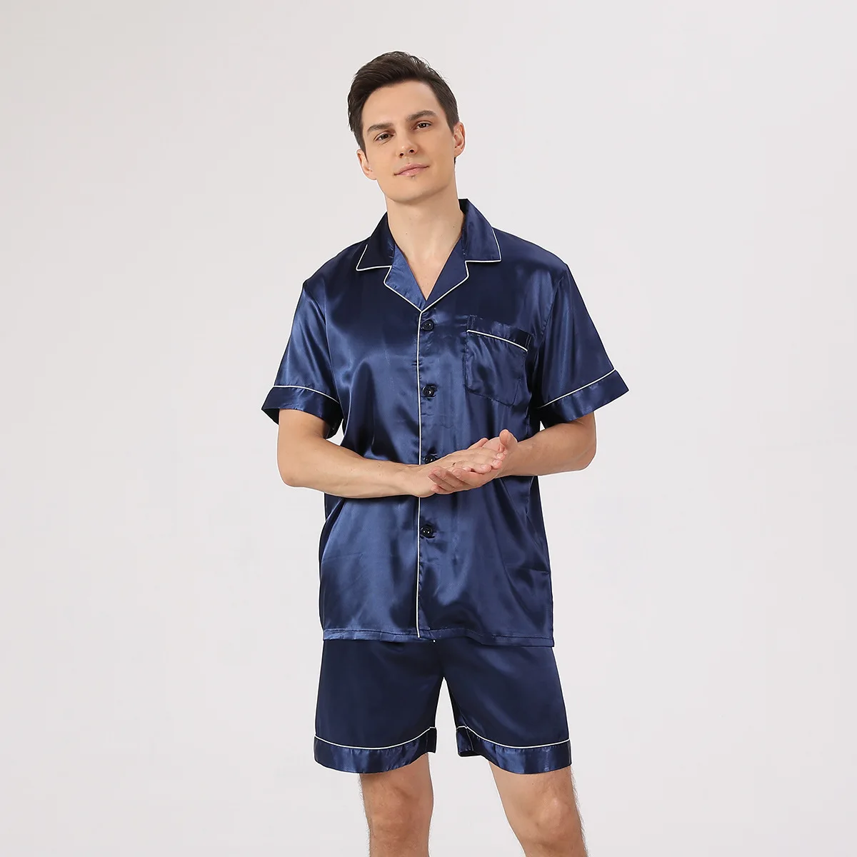 Summer Pajamas Set for Men Black Pyjama Men Printed Short Sleeved Shorts Satin Silk Set Men Pajamas Sleep Wear Pijamas Euro Size