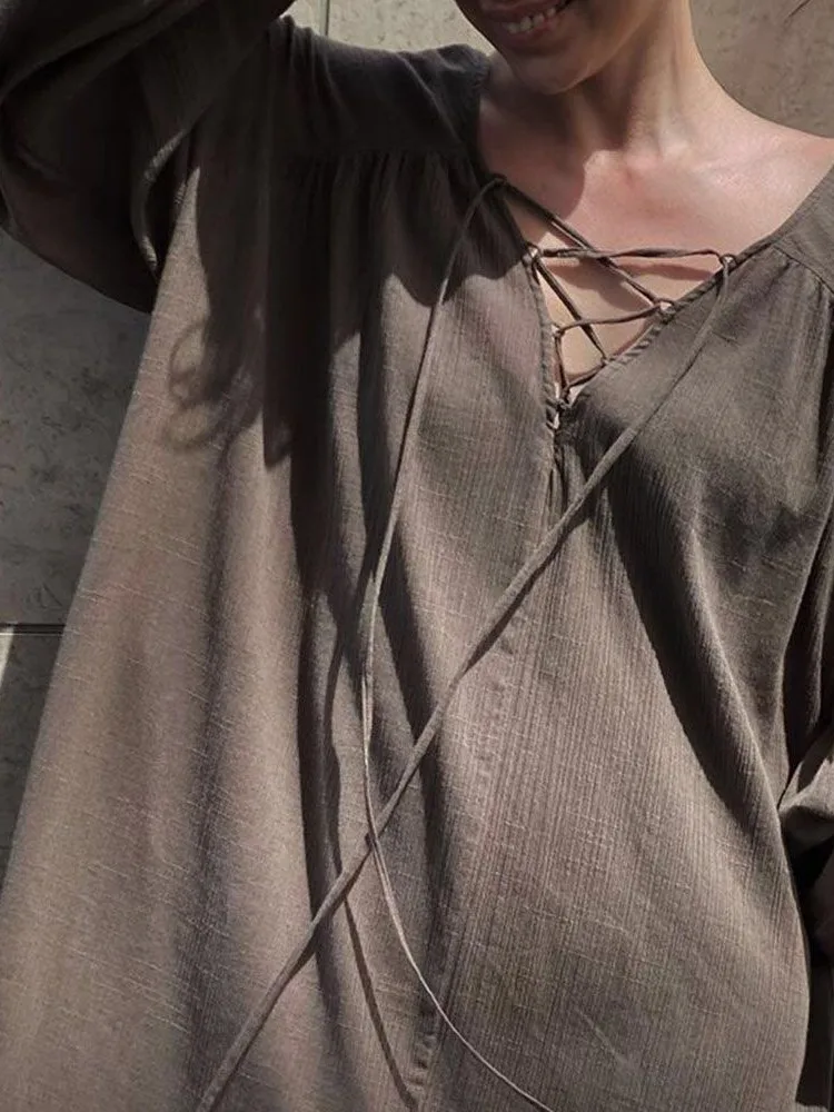 Платье женское длинное из хлопка и льна с V-образным вырезом открытой спиной