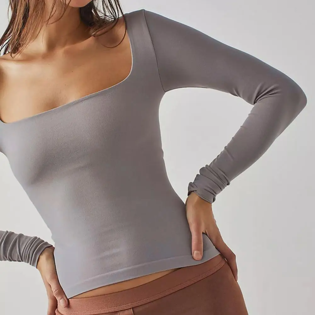 

Женский эластичный Топ, шикарные женские блузки с квадратным вырезом, облегающие Топы с длинным рукавом, мягкая короткая футболка с открытой талией для осени