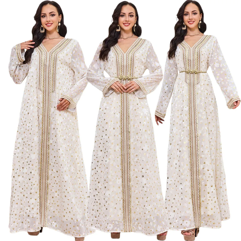 

Марокканский кафтан с золотым тиснением и поясом, арабские Длинные платья для женщин, мусульманский Дубай, свадебная Abaya Jalabiya, Исламская одежда