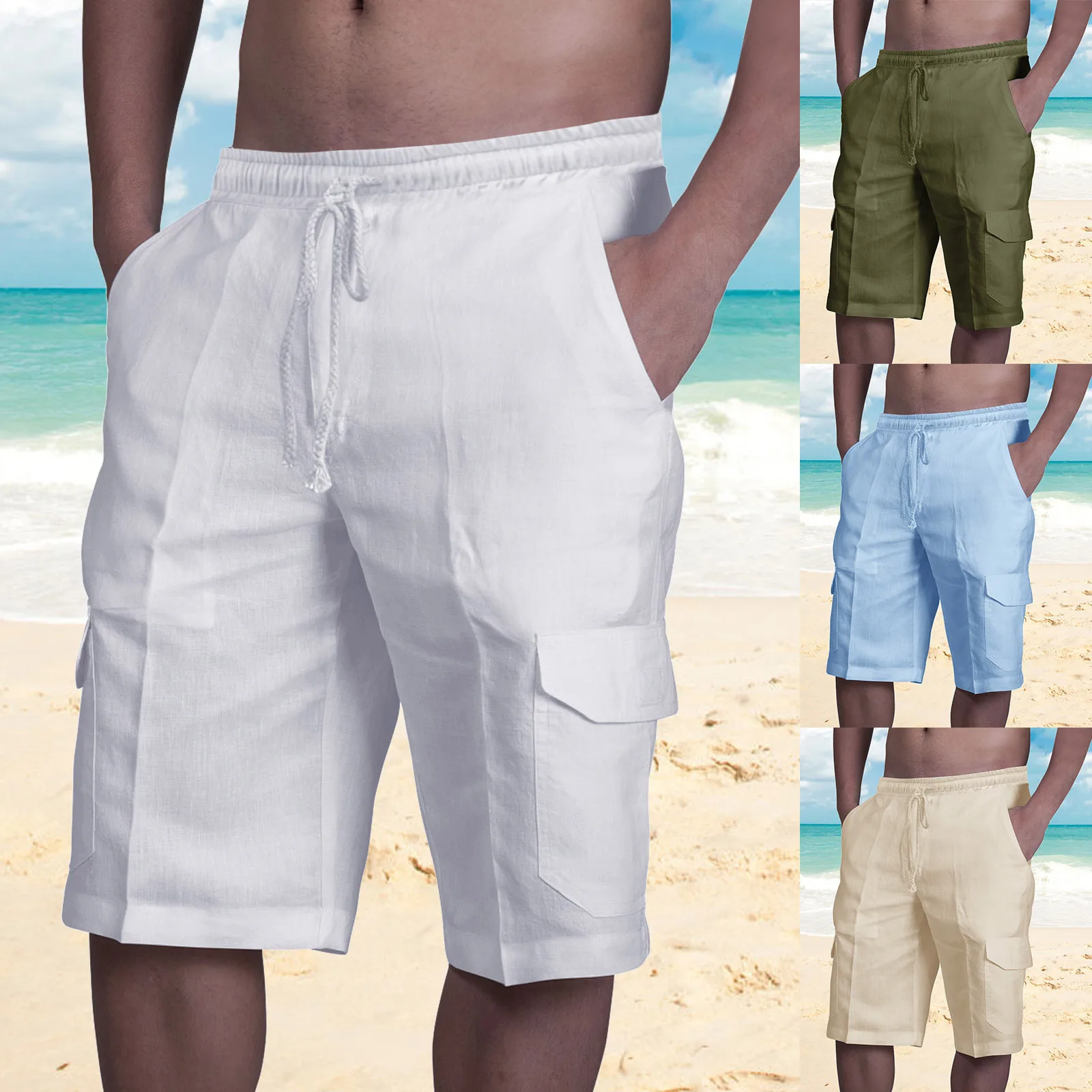 

European And American Casual Shorts New Linen Shorts Multi-bag Style Quick-drying Rope Men's Beach Overalls
