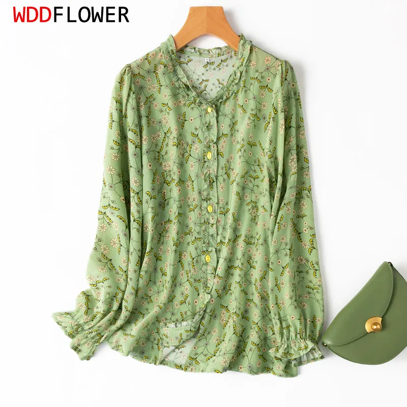 Women Silk Shirt 100% Mulberry Silk Crepe Silk Green Floral Printed Long Sleeve Blouse 2023 Spring Autumn Office Lady Top MM670