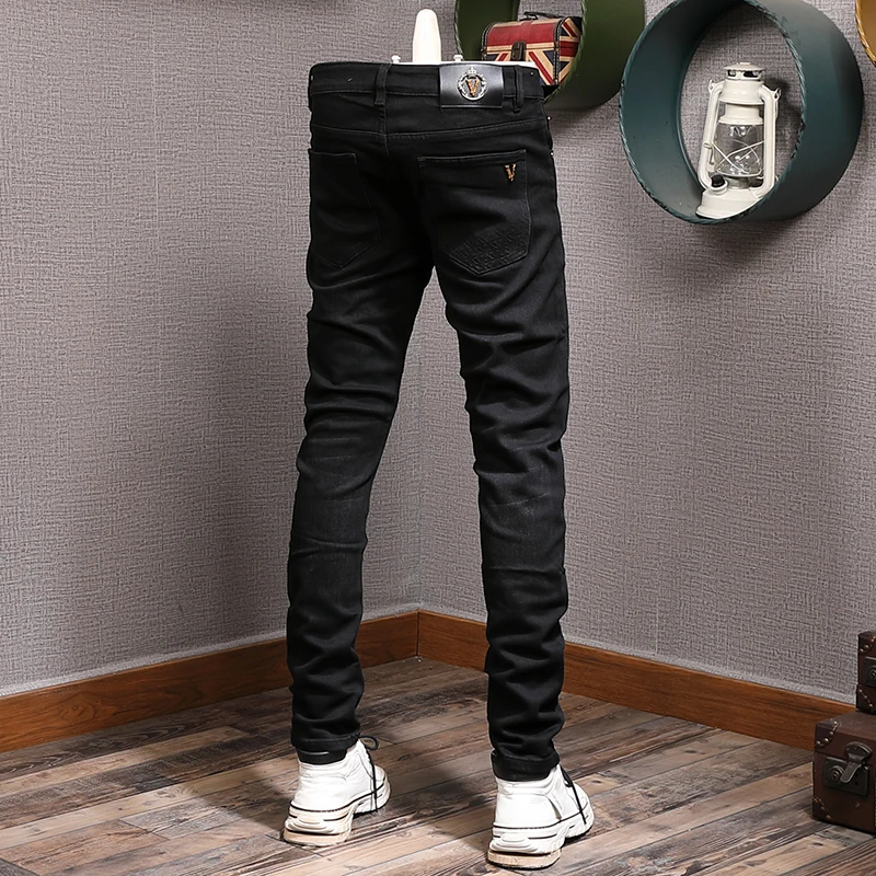 Korean Style Fashion Men Jeans High Quality Black Stretch Slim Fit Ripped Jeans Men Elastic Vintage Designer Denim Pants Hombre