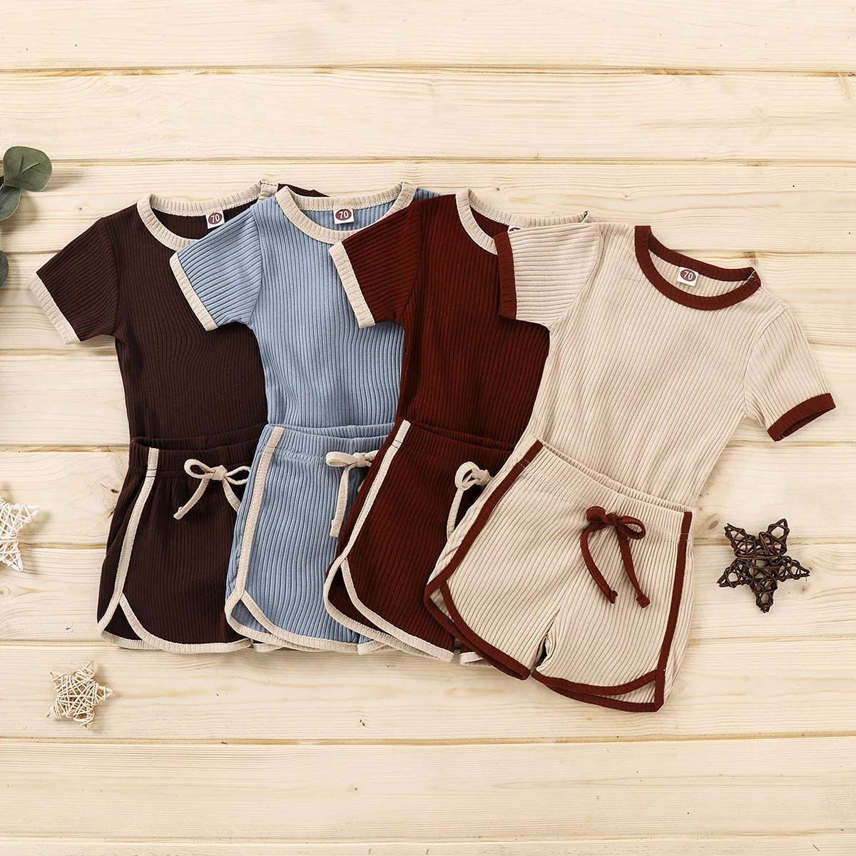 Baby Clothes Summer New Men's And Women's Baby Pit Bar Contrast Color Sportswear Baby Jumpsuit + Shorts Two-piece Suit