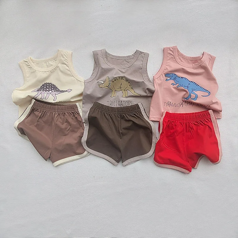 

2023 New Baby Cute Dinosaur Print Clothes Set Infant Summer Sleeveless Vest + Shorts Casual 2pcs Suit Cotton Kids Outfits