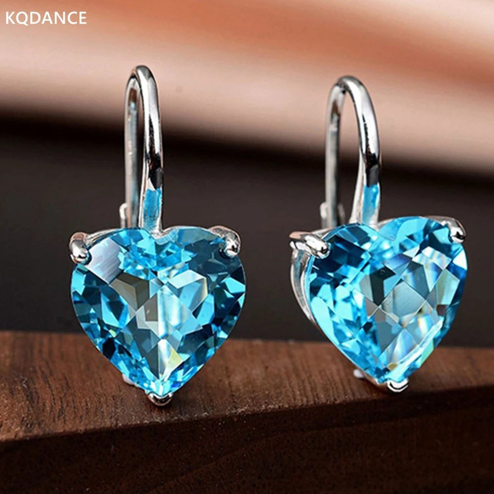 

Серьги KQDANCE с зеленым Изумрудом и кристаллом в форме сердца с синим/розовым камнем, серьги из стерлингового серебра 925 пробы, ювелирные издел...