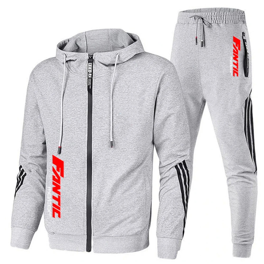 FOR Fantic Motor Men's Casual Sports Suit Zipper Hooded Jacket + Pants Tracksuit Sweatshirt Casual Male Set
