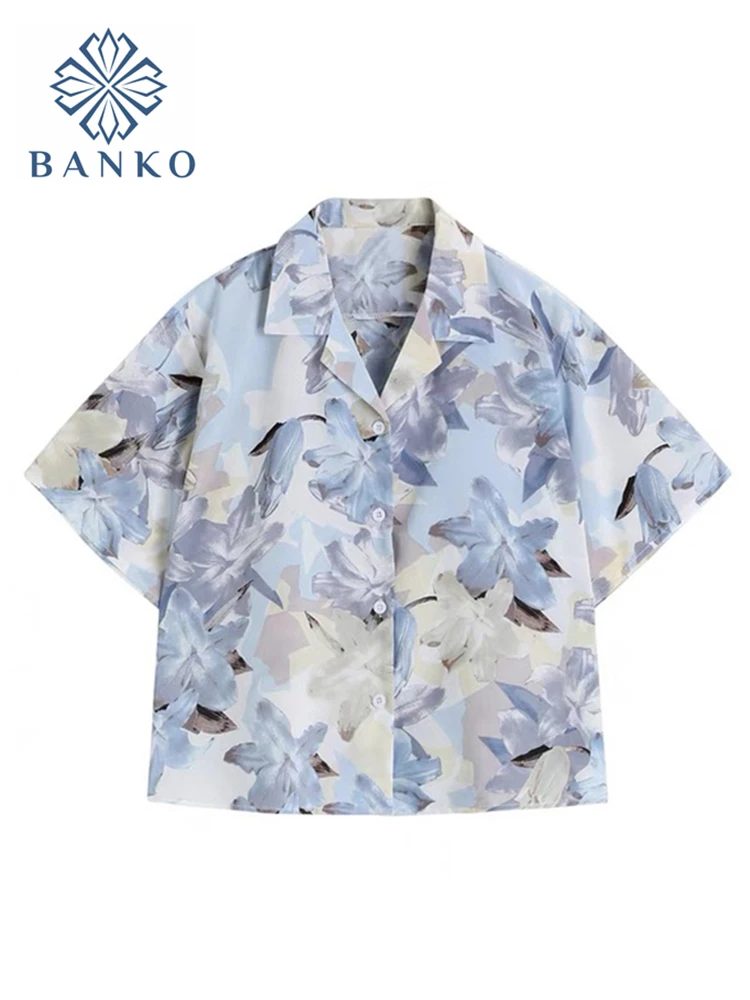 

2022 Summer Women Blouse V-neck Short Sleeve Print Polo Button Loose Fashion Casual All-Match Shirts Beach Harajuku Tops Mujer