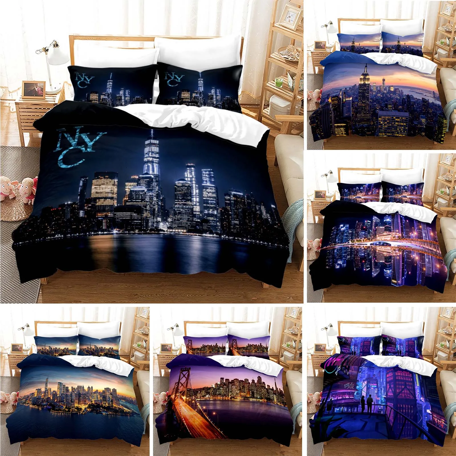 

New York City Night View Bedding Set Queen King Size Comforter Cover / Duvet Cover Pillowcase Set Soft Home Textile Bedclothes