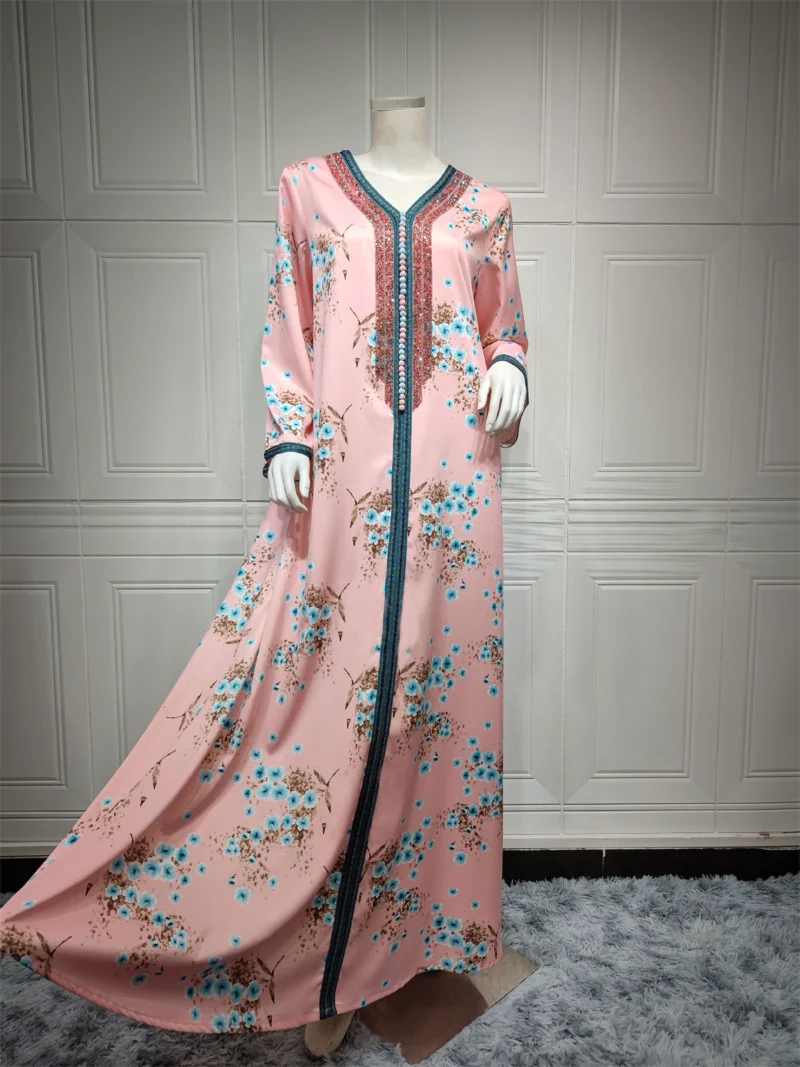 Ramadan Kaftan Dubai Luxury Diamonds Long Dresses Floral Print V-Neck Lace Tape Elegant Casual Party Dress Muslim Women Clothing