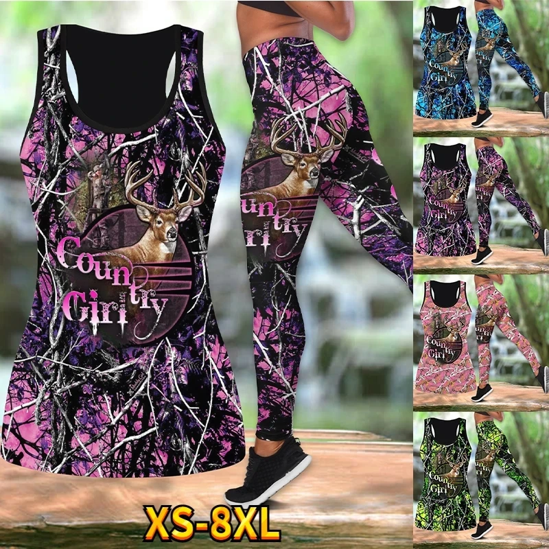 

Новинка 2023, летний женский модный костюм для девушек с принтом оленя и охоты, повседневная спортивная одежда для йоги, эластичные леггинсы, ...