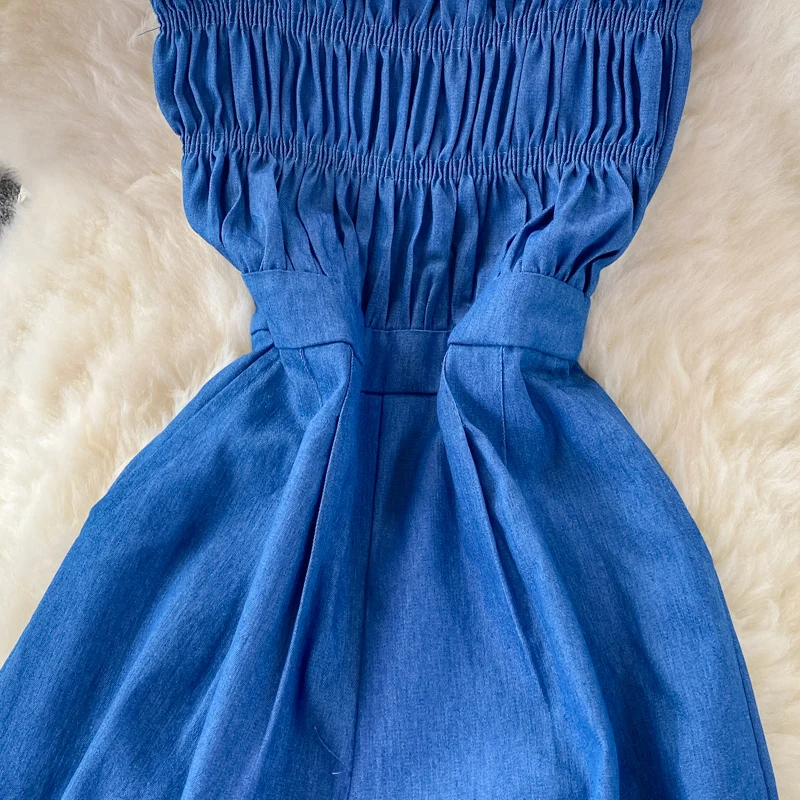 Summer Women Denim Romper Sexy Strapless Draped High Waist Jumpsuits Female Black/Blue Wide Leg Spaghetti Strap Rompers Fashion
