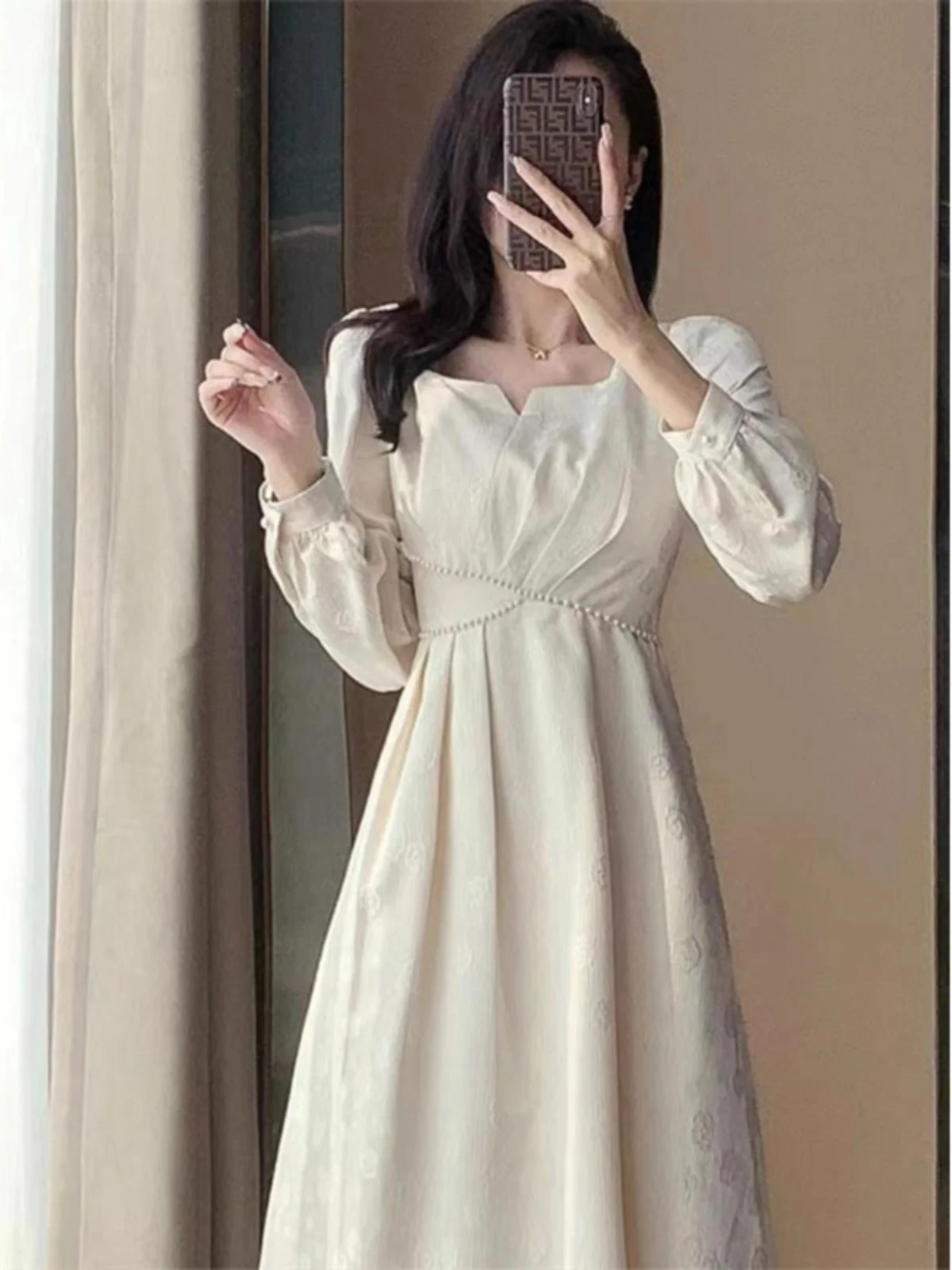 Plus size women clothing 2025 Spring Sle High end Jacquard Long Skirt Chubby Girl Slimming Meat Covering Square Collar Hepb... |