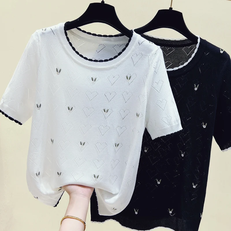 

Summer Diamond Thin Knit Pullover Tops Women Short Sleeve Round Neck Loose T-shirts Casual Fashion Ice Silk Knitwear 2023