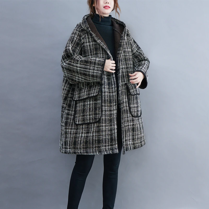 

Vintage Loose Cotton Padded Jackets Large Size Women's Clothing 2023 Autumn Winter New Hooded Plaid Coats Korean Overcoats fp295