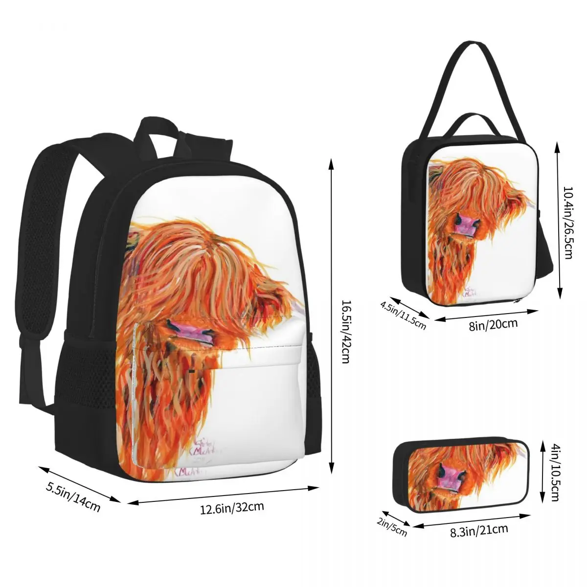 

Highland Cow Backpacks Boys Girls Bookbag Students School Bags Cartoon Kids Rucksack Lunch Bag Pen Bag Three-Piece Set