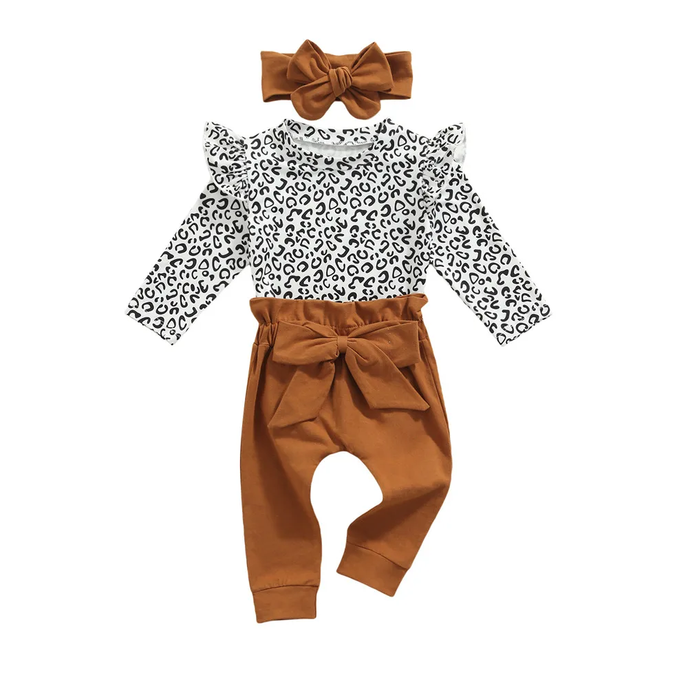 

Baby Girl Clothing Set Leopard Bodysuit Long Sleeve Romper Bow Pants Headband 0-24M Newborn Infant Toddler Spring Fall Outfits