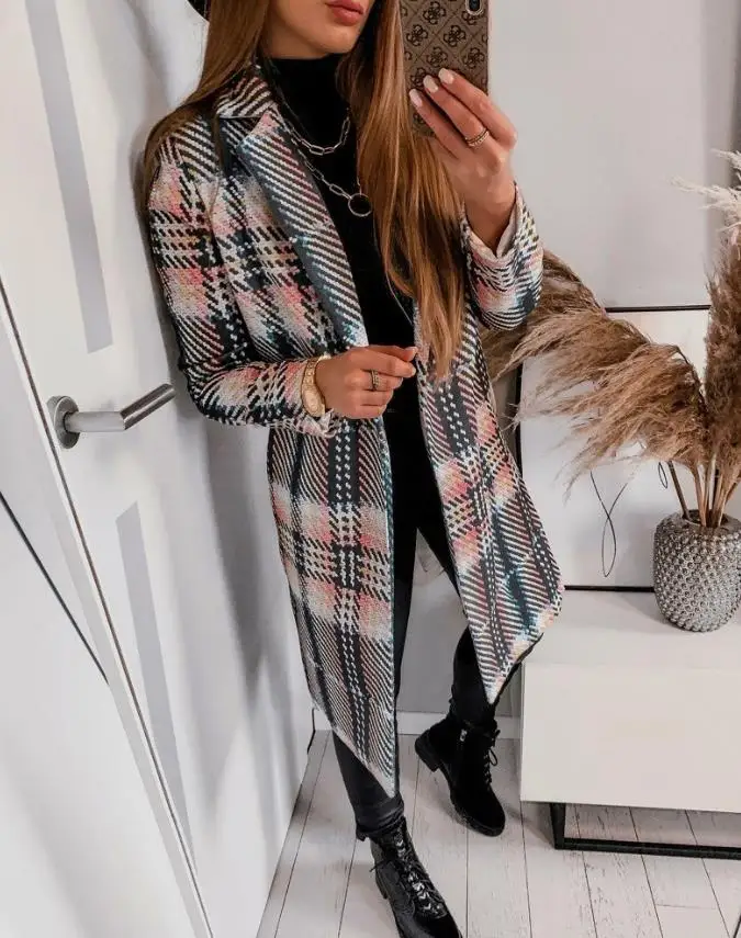 

Elegant Wool Coats for Women Plaid Print Long Sleeve Overcoat & 2022 Winter Europe & America Fashion Women's Clothing Coat Warm