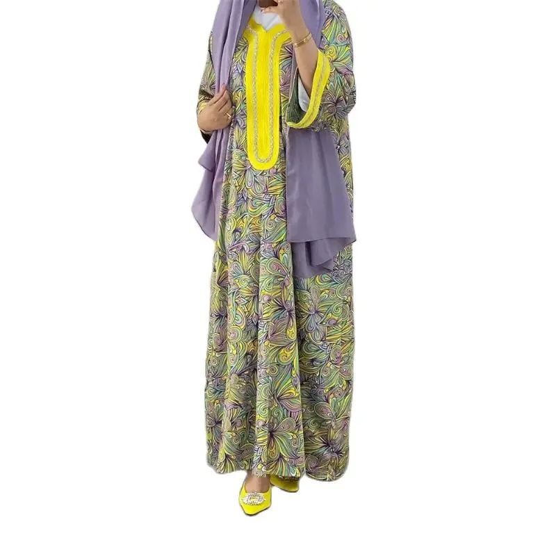 

Muslim Abaya Dress Dubai Retro Ethnic Floral Print Long Sleeve Dresses V-Neck Diamonds Robe Islamic Ramadan Kaftan
