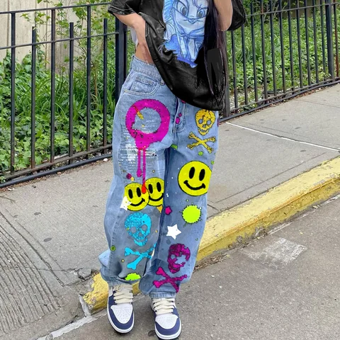 Women's Autumn New Hot Selling American Street INS Blogger Hip Hop Smiley Pattern Graffiti Print Straight Jeans Trousers