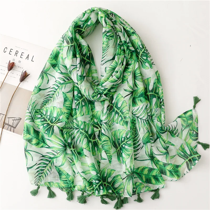 

Yitao Scarf Spring and Summer Comely Tropical Plant Flower Print Cotton and Linen Feel Scarf Green Japanese Banana Leaf Shawl