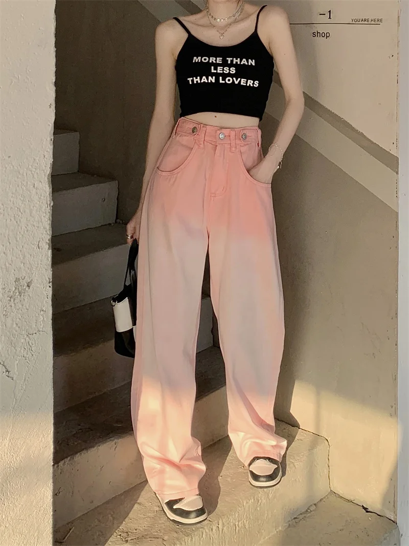 Pink White Gradient Wide-Leg Jeans Women's Straight Loose 2022 New High-Waisted Slim Mopping Pants Women