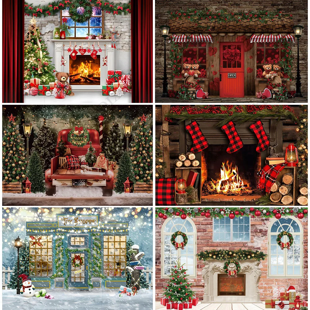 

DIXSG Рождественская елка подарок фотография Фон окно камин красный занавес баннер Фон Кирпичная стена фото студия реквизит